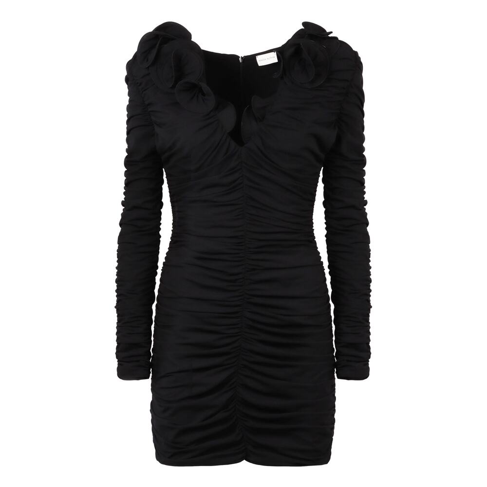 Amable by Mable Anthropologie Black Ruched
 Mini Dress, Flowered Neck, Size S